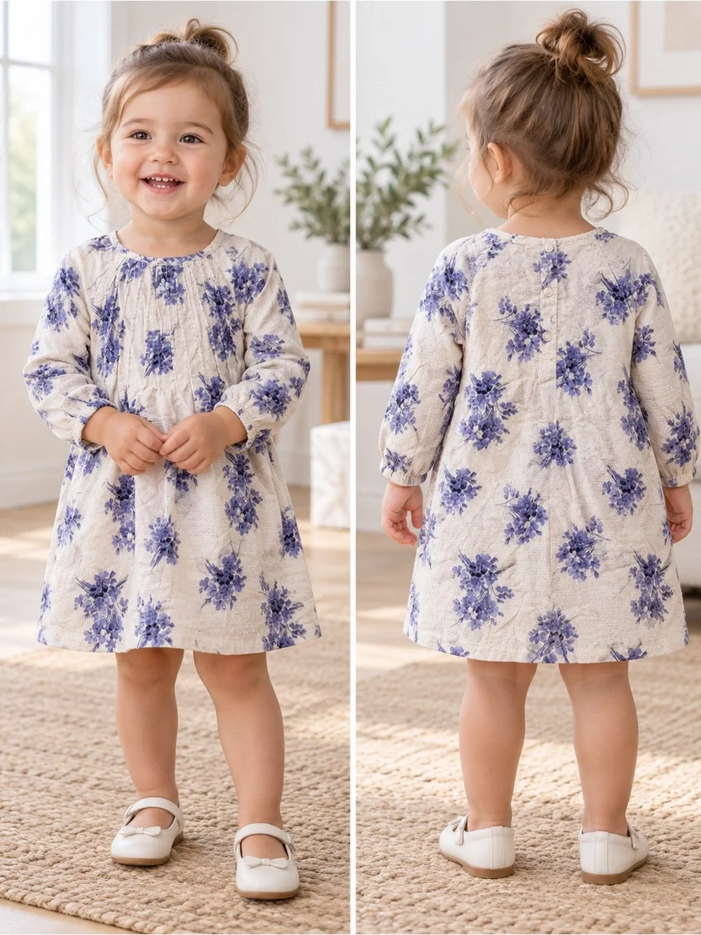 GAP Toddler Floral Long-Sleeve Dress in Cream and Purple Flowers